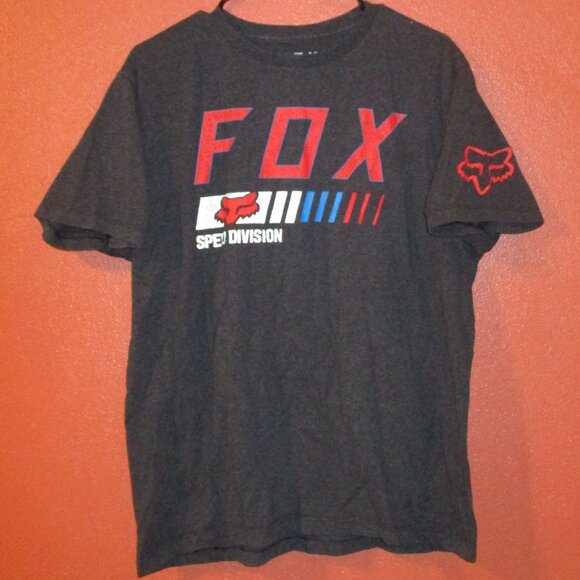FOX Head Men Large Gray Red Blue Graphic Motocross Racing Short Sleeve Shirt - Picture 1 of 6